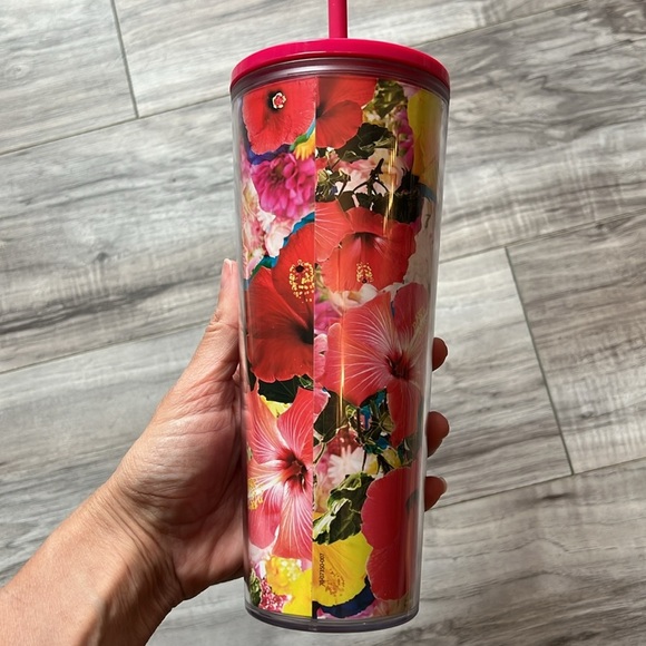 Teavana 20 ounce tumbler straw pink floral hibiscus flowers red green cup - Picture 3 of 6